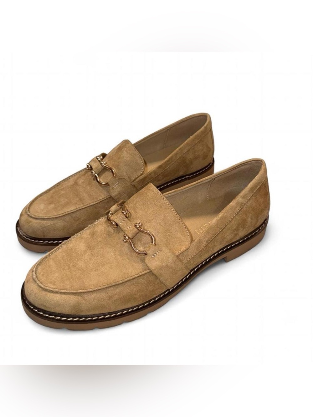 Anne Klein Tan Suede Slip-On Loafers with Gold Bit